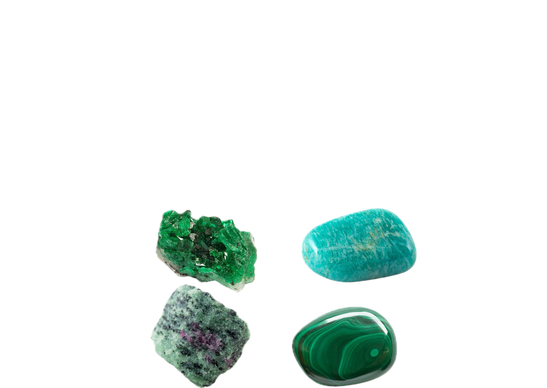 émeraude, amazonite, zoisite rubis, malachite