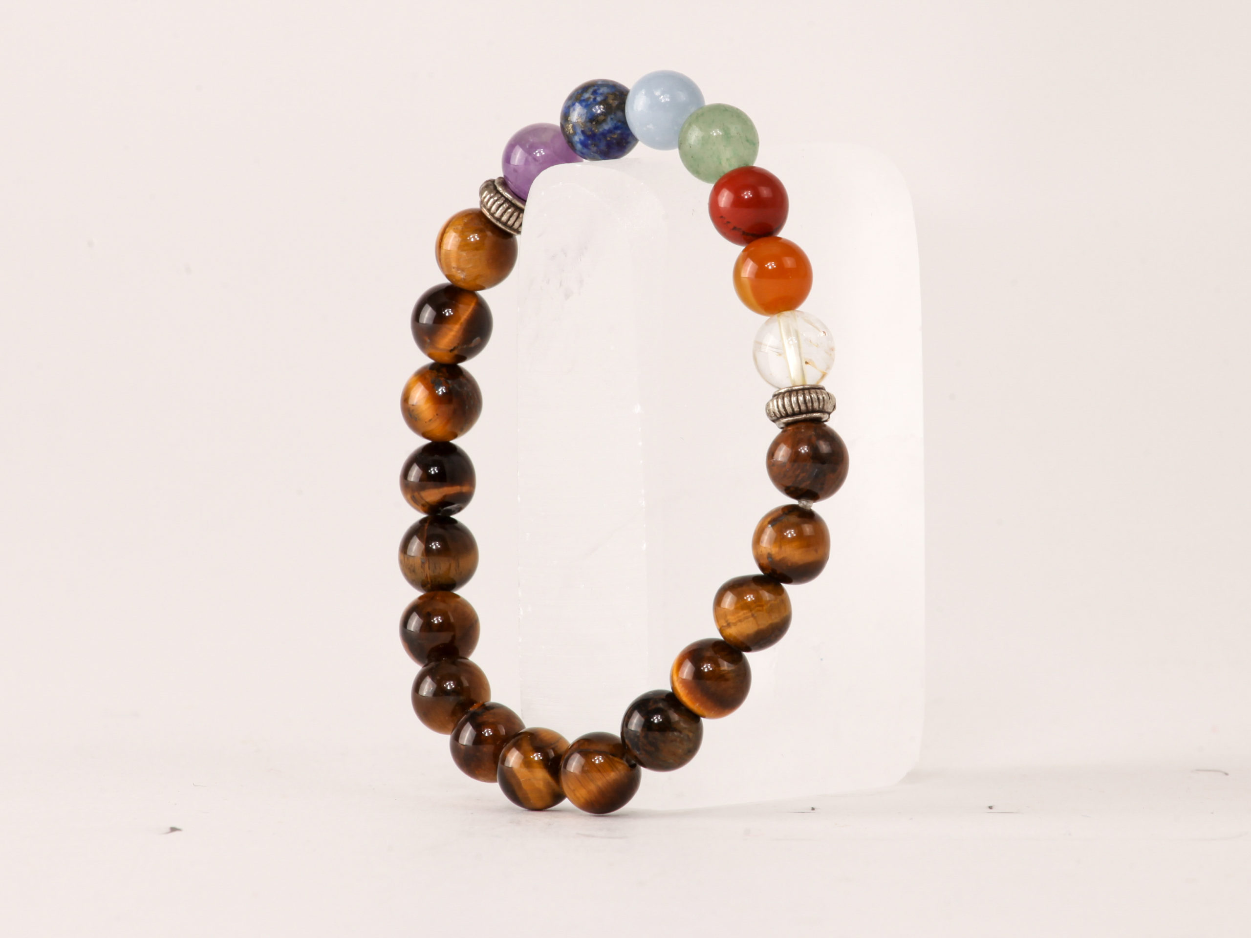 Bracelet Œil de Tigre 'A' et 7 Chakras perles 8mm