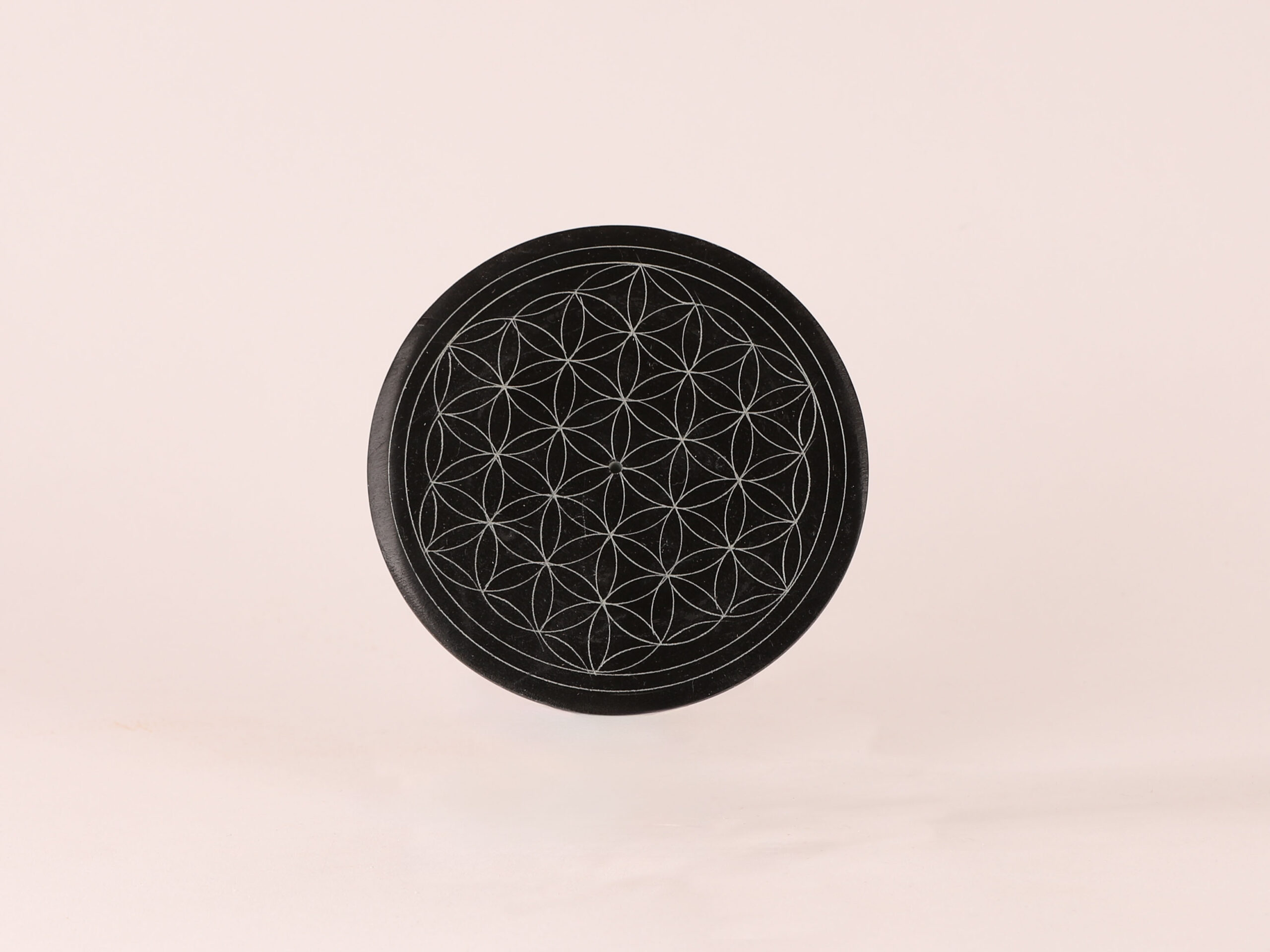 Porte-encens rond en pierre noir Fleur de vie