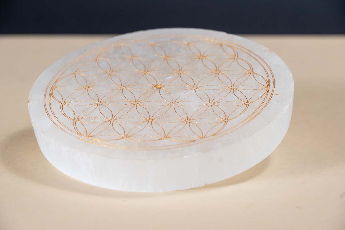 Plaque de rechargement sélénite Fleur de vie doré 1 Porte-encens sélénite Fleur de vie doré