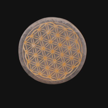 Plaque de rechargement ronde en sélénite Fleur de vie dorée 10cm