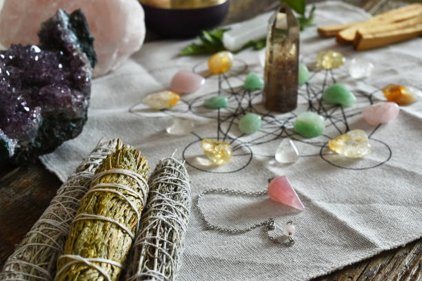 A close up image of a crystal healing grid using sacred geometry. 6 pendule blog 2