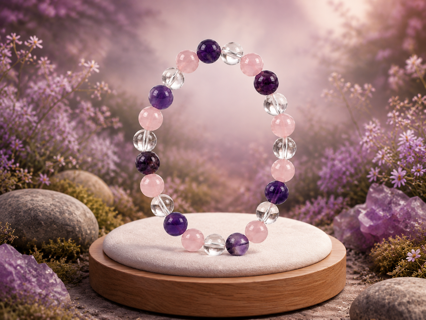 Bracelet Améthyste, Cristal de roche et Quartz rose perles 8 mm 2 Cristal de roche et Quartz rose perles 8 mm